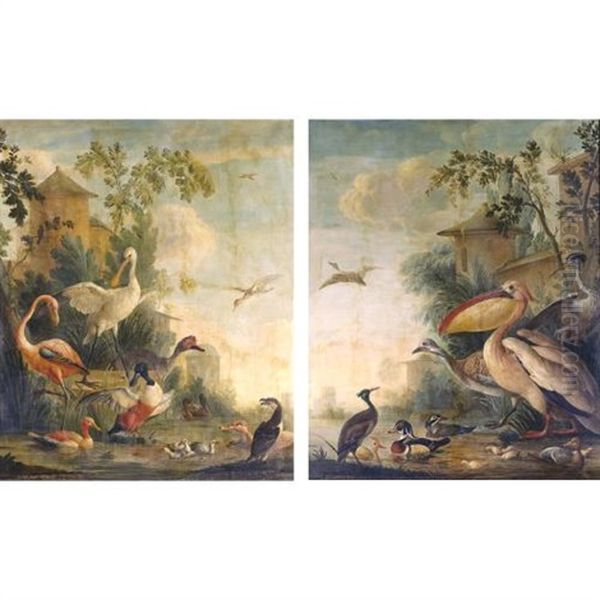 A Flamingo, A Spoonbill, A Shoveler, A Cormorant And Other Birds By A Lake ( + A Pelican, Wood Ducks And Other Birds By A Lake; Pair) - view 1