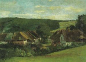 Dorf Mit Fachwerkhausern In Mittelgegirgslandschaft (franken?)