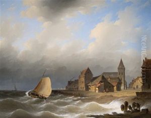 Coastal Village By Choppy Seas by Herman Henry op der Heyde
