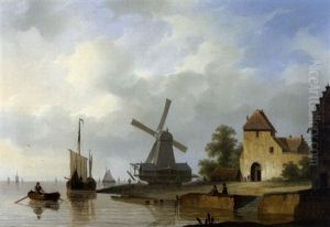 Belebte Kuste Mit Windmuhle Und Schiffsverkehr by Herman Henry op der Heyde