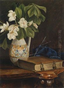 Stillleben Mit Buch, Strickzeug Und Schneerosen In Vase by Christian Heyden