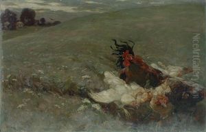 Hahn Mit Seiner Huhnerschar Auf Bluhender Wiese by Hubert Von Heyden