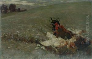 Hahn Mit Seiner Huhnerschar Auf Bluhender Wiese, Seitlich Gehoft Und Anfliegender Huhnerhabicht by Hubert Von Heyden