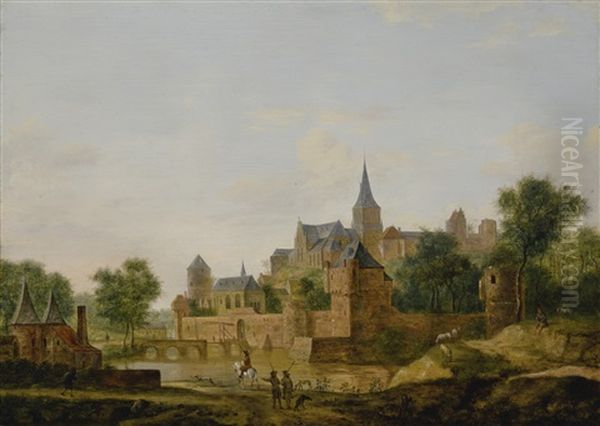 A View Of An Old Fortified Town With Figures Returning From A Hunt - view 1