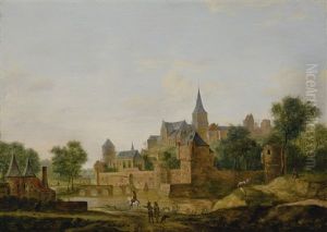 A View Of An Old Fortified Town With Figures Returning From A Hunt