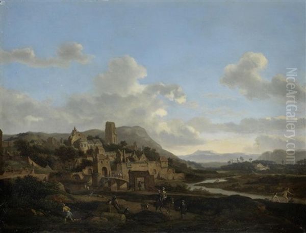 A Hilltop Town Beside A River, Figures On Horseback In The Foreground - view 1