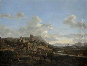 A Hilltop Town Beside A River, Figures On Horseback In The Foreground