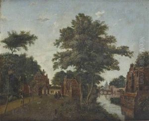 A View Of A Gateway Along A River With Elegant Figures Taking A Stroll, A Walled Town In The Distance