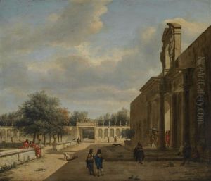 A Palatial Garden, With Figures Emerging From A Palace To The Right, An Arcade Beyond And A Balustrade To The Left, The Roof Of The Huis Ten Bosch Visible In The Distance by Jan Van Der Heyden