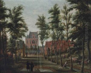 Elegant Company Beside A Fountain And A Drover And His Cattle Beside A River, A Village Beyond by Jan Van Der Heyden
