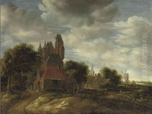 The Outskirts Of A Dutch Town With Cottages And A Castle, A Church And A Windmill Beyond by Jan Van Der Heyden