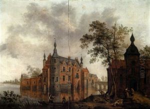 A Moated Castle And Its Gatehouse, With Peasant Figures And A Dog