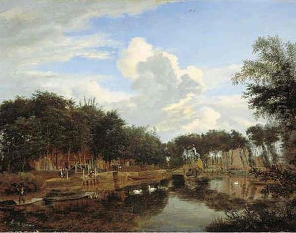A View Of A Canal With A Village Beyond (the Vecht Near Maarssen?) - view 1