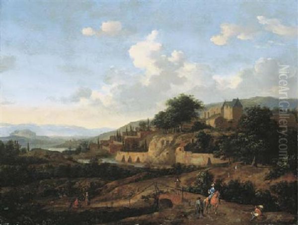 An Extensive Landscape With A Walled Town, A Hawking Party In The Foreground - view 1