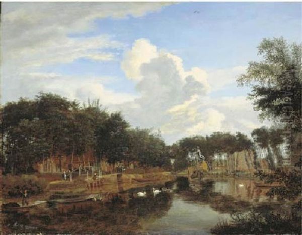 A View Of A Canal With A Village Beyond, (the Vecht Near Maarssen?) - view 1