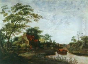 A View Of A Town By A Canal With A Figure On Horseback In The Foreground
