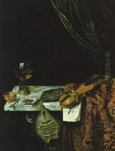 Stilleben Mit Kostbarem Orientteppich, Geige, Romer Und Getrockneten Schollen by Jan Van Der Heyden