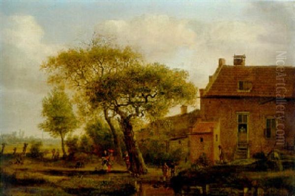 Farmhouse With Gentry By A Tree And Children Playing By A Pool, Church Tower Beyond - view 1