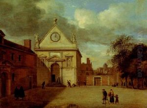 A Town Square With A Baroque Church by Jan Van Der Heyden