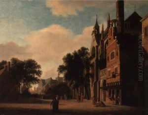 A Town Square With Townsfolk by Jan Van Der Heyden
