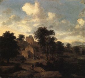 A Hawking Party On A Path In A River Valley Below A Fortified Town A Hawking Party On A Path In A River Valley Below A Fortified Town