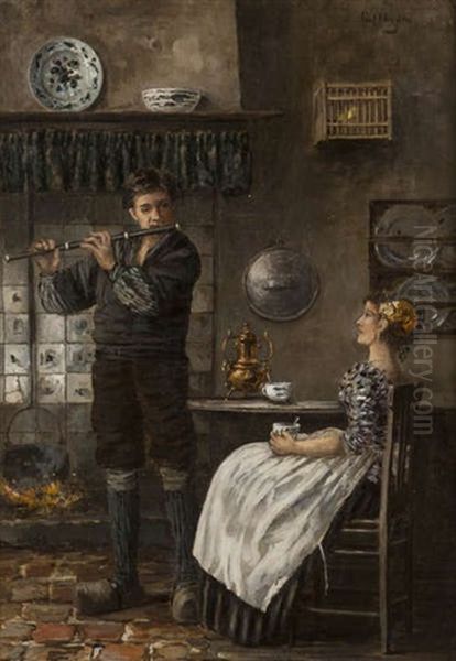 Flutiste Et Jeune Fille A La Cuisine - view 1