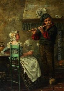 Die Musikstunde. Junger Friese Spielt Seiner Liebsten Ein Standchen Auf Der Querflote Die Musikstunde. Junger Friese Spielt Seiner Liebsten Ein Standchen Auf Der Querflote