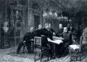 Kaiser Wilhelm I Umgeben Von Bismarck, Moltke Und Seinen Generalen, Bei Einer Lagebesprechung Im Prafekturgebaude Von Versailles... by Otto Johann Heinrich Heyden