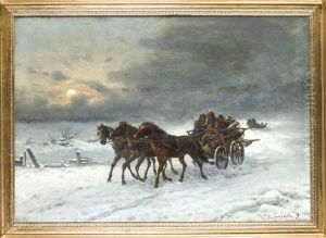 Russische Troika In Verschneiter Landschaft by Friedrich Josef Nicolai Heydendahl