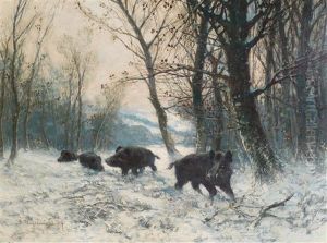 Wild Boar In A Winter Woodland Clearing by Friedrich Josef Nicolai Heydendahl