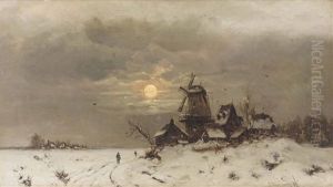 Vollmond Uber Winterlandschaft Mit Kleinen Ansiedlungen Und Personenstaffage by Friedrich Josef Nicolai Heydendahl