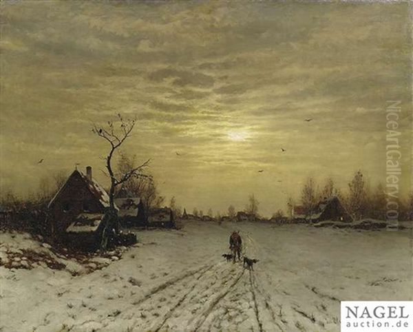 Wintry Landscape At Evening Light With A Huntsman - view 1