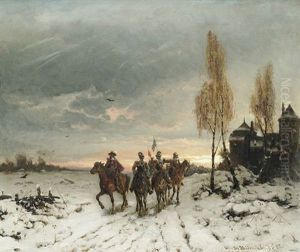 Winterliche Landschaft Mit Berittenen Soldaten Vor Einem Schloss by Friedrich Josef Nicolai Heydendahl