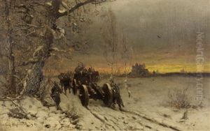 A Winter Scene With Soldiers On A Road Transporting A Horse-drawn Cannon by Friedrich Josef Nicolai Heydendahl