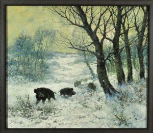 Eine Rotte Wildschweine Auf Einer Abendlichen Winterwaldlichtung by Friedrich Josef Nicolai Heydendahl