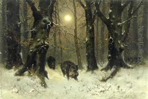 Wildschweine Im Winterwald Bei Vollmond