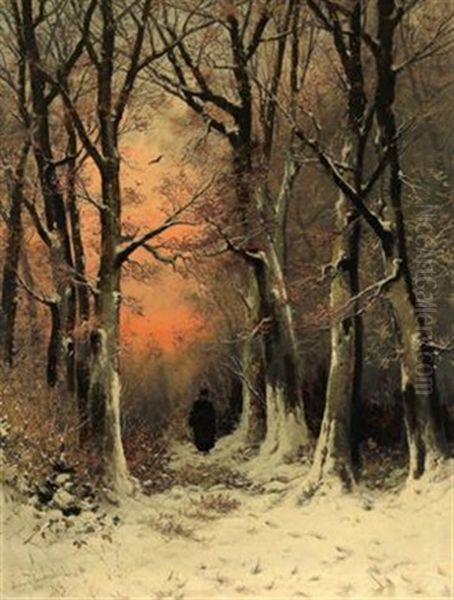 Abendlicher Winterwald Mit Einer Reisigsammlerin - view 1