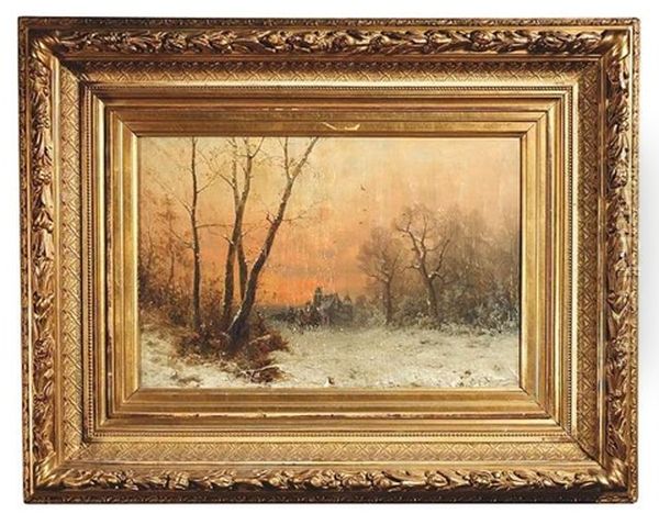 Winterlandschaft Bei Sonnenuntergang. Vor Einem Schloss Sammeln Sich Reiter - view 1
