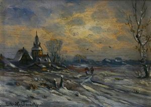 Verschneite Landschaft Mit Personen Vor Dorfkulisse by Friedrich Josef Nicolai Heydendahl