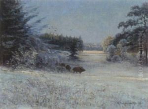 Rotte Wildsauen In Winterlandschaft by Friedrich Josef Nicolai Heydendahl