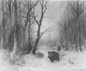 Abendliche Winterlandschaft Mit Wildschweinen Am Waldrand Abendliche Winterlandschaft Mit Wildschweinen Am Waldrand