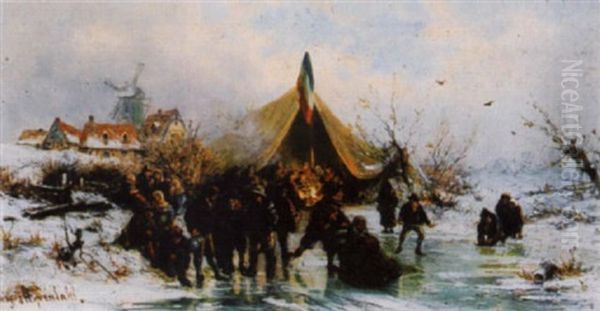Hollandische Winterlandschaft Mit Zugefrorenem See, Zeltlager Und Figurenstaffage - view 1