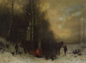 A Hunting Party Resting By The Edge Of A Forest In A Winter Landscape by Friedrich Josef Nicolai Heydendahl