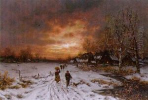 Bauern Auf Dem Heimweg - Verschneite Winterlandschaft Im Abendrot by Friedrich Josef Nicolai Heydendahl