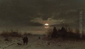 Aufbruch Zur Jagd In Winterlicher Mondnacht by Friedrich Josef Nicolai Heydendahl
