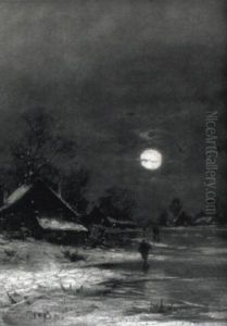 Verschneite Fluslandschaft Mit Bauernhausern Bei Vollmond by Friedrich Josef Nicolai Heydendahl
