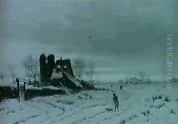 Morgendammerung In Winterland-schaft Mit Jagern Vorn Auf    Dem Weg Nahe Dem Alten Gehoft - view 1