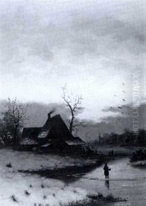Reisgsammlerin Auf Dem Eis Eines Zugefrorenen Sees Im Abendlicht by Friedrich Josef Nicolai Heydendahl