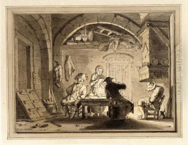 An Interior With Figures Around A Table And A Man Sleeping By The Chimney - view 1