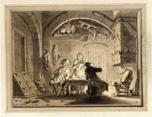 An Interior With Figures Around A Table And A Man Sleeping By The Chimney